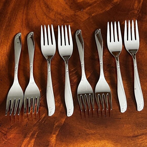 8 Vintage Insico Salad Forks Stainless Flatware Woodlore Interntional Silver - Picture 5 of 10
